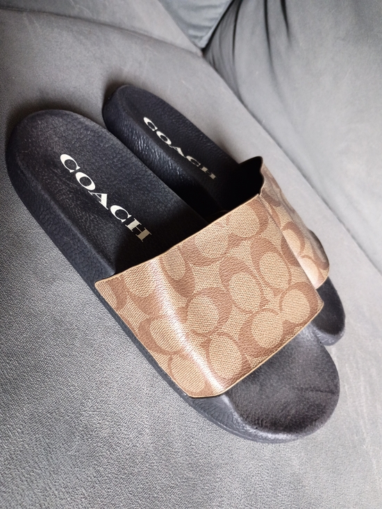 Coach Shoes - Coach Brown Logo Slide Sandals with Black Footbed